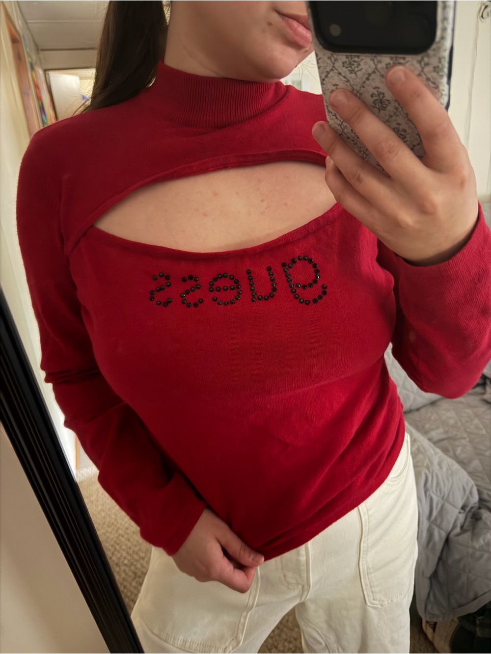 Guess Y2K Going Out Red Off-the-Shoulder Cutout Sweater with Crystal Logo